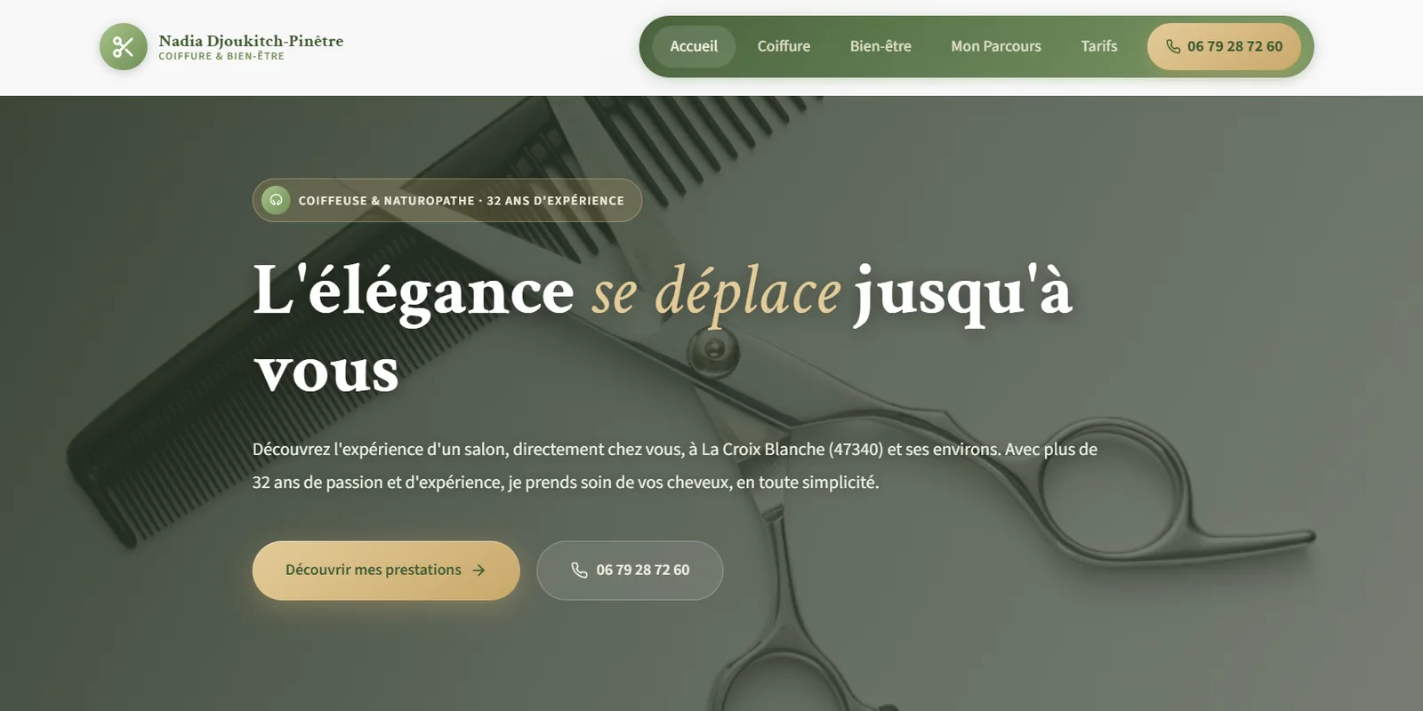 Site vitrine Nadia Djoukitch-Pinètre - coiffure et bien-être à domicile à La Croix-Blanche (47)